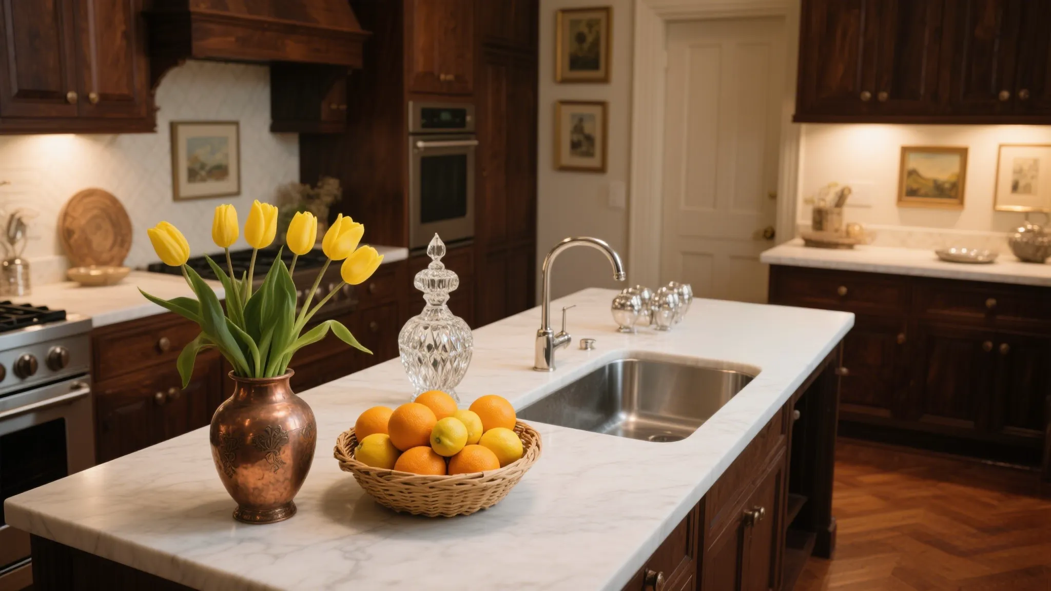 Corner kitchen sink with angled design in stainless steel, embedded in gray countertop with white cabinets, window with blinds, and wooden cutting board visible